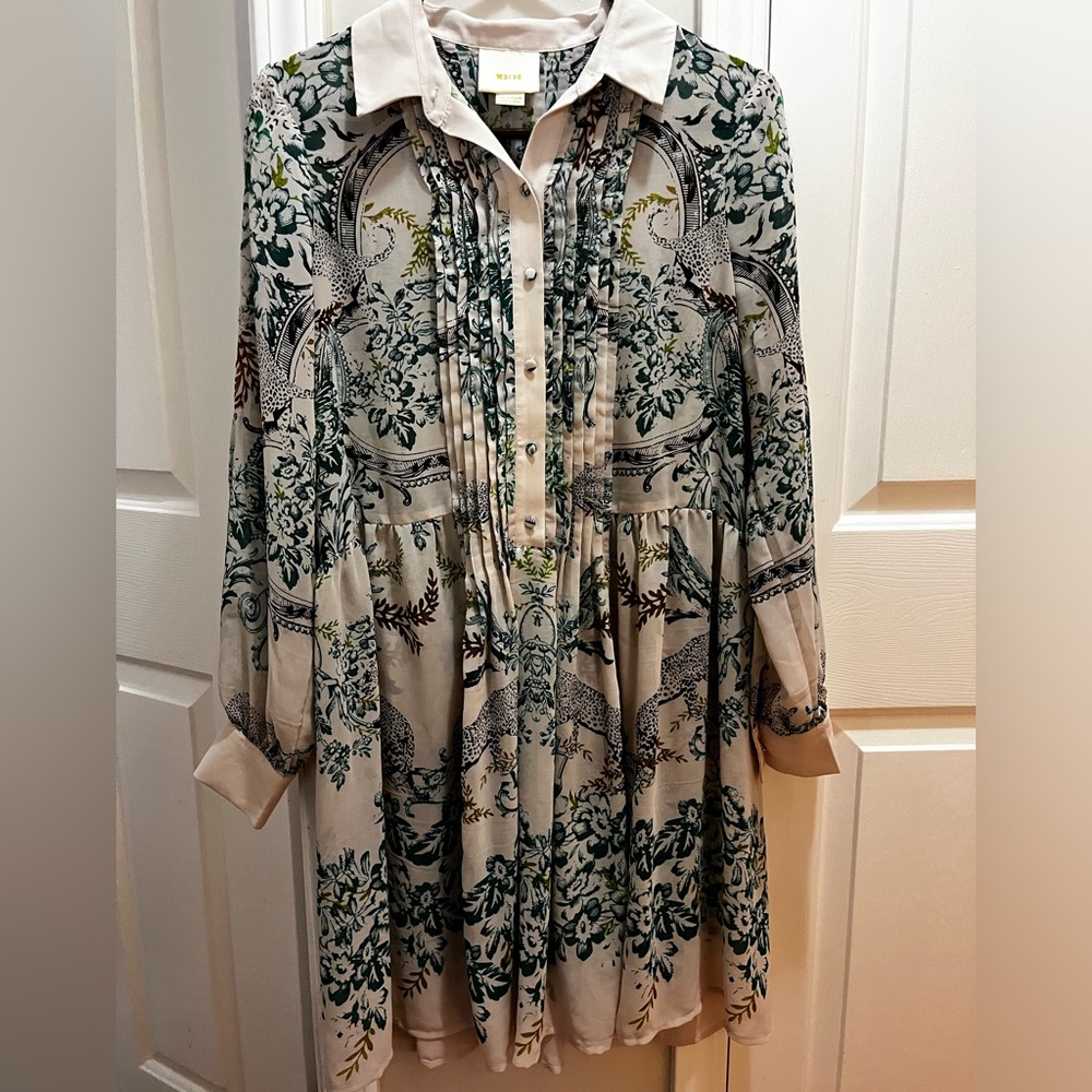 Maeve dress long sleeve leopards leaves on ivory. Collar pintucks guc sz 8